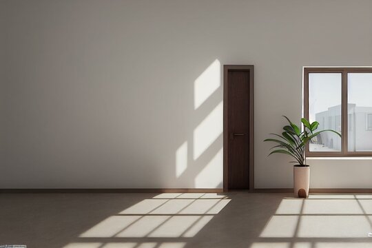 Minimalist Empty Room With Beige And White Backgrounds, Concrete Floor, Sun Ray, Cozy Home, Indoor Plant. Copy Space Area For Office And Living Rooms. Mock Up.3d Rendering. Generative AI