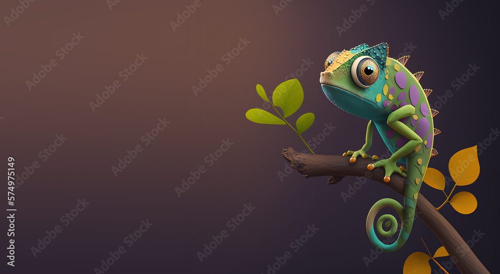 Poster Cute Cartoon Chameleon Banner with Space for Copy (Generated with AI)