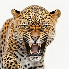 Fototapeta na wymiar Close-up of angry leopard on white background