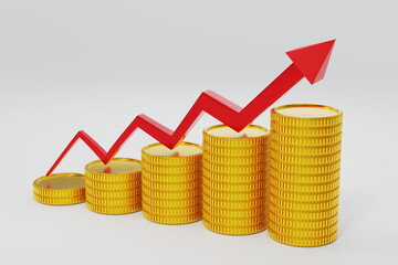 Rising up line graph with gold coins stacking. 3D rendering