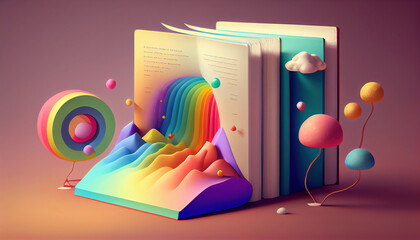Abstract world book day 3D illustration colorful background. Generative AI.