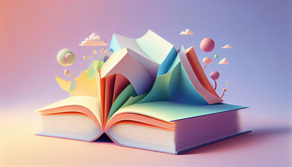 Abstract world book day 3D illustration colorful background. Generative AI.