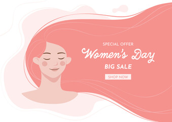 Women’s Day Sales Banner. Hand Drawn Illustration With Beautiful Young Girl With Long Pink Hair. Vector Template. Isolated Elements On White Background.