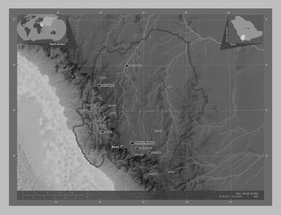 'Asir, Saudi Arabia. Grayscale. Labelled points of cities