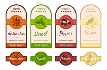 Spices and seasonings package sticker badge set vector flat illustration. Cookery gourmet condiment