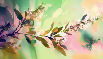 Artistic rendition of blossoming branches with a burst of spring colors against a soft, ethereal backdrop.