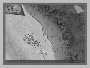 Jazan, Saudi Arabia. Grayscale. Labelled points of cities