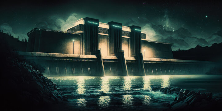 large hydroelectric dam at night. generative ai