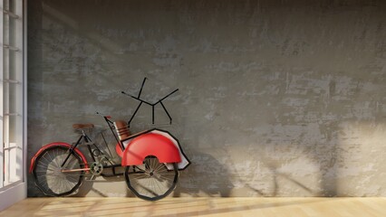 Traditional transportation rickshaw, with old wall background, 3d illustration