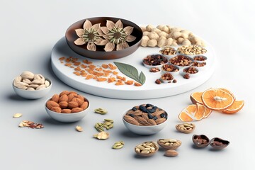 different plates of dried fruits and nuts on white the table, Generative AI