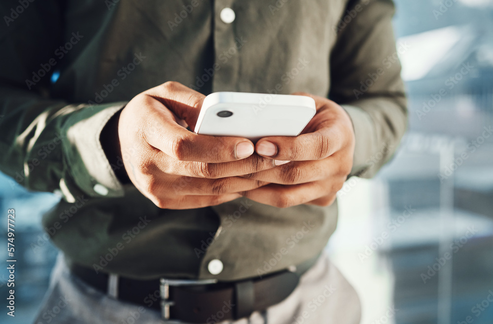 Aufkleber hands, business phone and typing in office, texting or social media in company workplace. technology