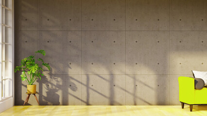 Plants and exposed wall backdrop with incoming light, 3d illustration