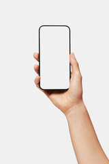 Close-up of woman hand holding modern smartphone iphone mockup. New modern black frameless...