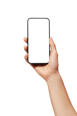Close-up of woman hand holding modern smartphone iphone mockup. New modern black frameless...