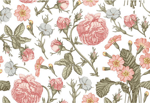 Seamless pattern. Beautiful fabric blooming realistic isolated flowers. Vintage background. Rose primrose primula wildflowers. Wallpaper baroque bouquet Drawing engraving Vector victorian Illustration