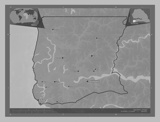 Ziguinchor, Senegal. Grayscale. Labelled points of cities