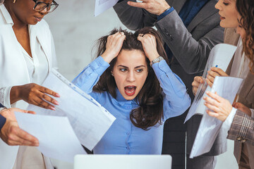 Stressed overwhelmed businesswoman feels tired at corporate meeting, exhausted  female boss...