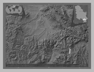 Jablanicki, Serbia. Grayscale. Labelled points of cities