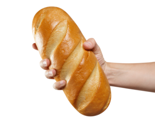 Hand holding a fresh loaf of bread, cut out