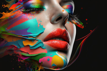 Girl Face In Multicolored Paint. Black Background. AI Generated. 3D Illustration.