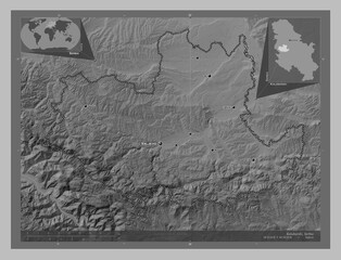 Kolubarski, Serbia. Grayscale. Labelled points of cities