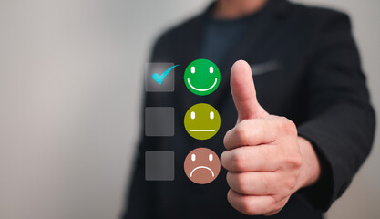 review or survey from customer is important for evaluate organization or company performance, business man ranking excellent with smiley face