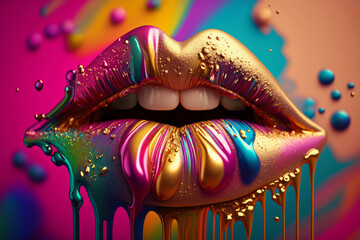 Shiny Female Lips In Blue And Pink Colors. AI Generated. 3D Illustration.