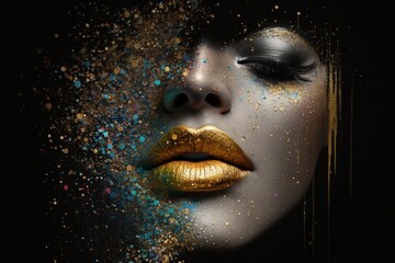 Girl Face With Golden Colors On Black Background. AI Generated. 3D Illustration.