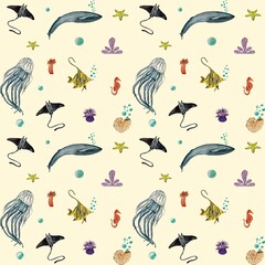 Whale jellyfish fish sea beige pattern watercolor