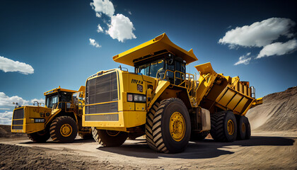 Large quarry dump trucks in coal mine. Mining equipment for the transportation of minerals.