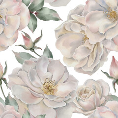 Seamless floral pattern with white roses hand-drawn painted in a watercolor style. The seamless pattern can be used on a variety of surfaces, wallpaper, textiles or packaging.