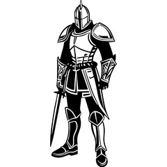 Medieval Knight: A Monochrome Illustration of a Warrior in Armor showcases a highly detailed drawing of a medieval knight, featuring a combination of chainmail and plate armor, complete with a helmet 