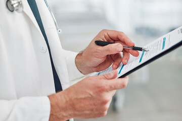Doctor, reading or hands writing checklist for healthcare consulting, medical information or...