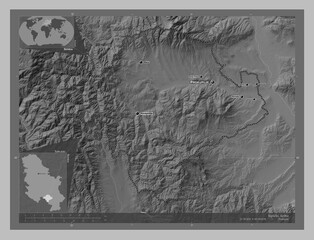 Toplicki, Serbia. Grayscale. Labelled points of cities