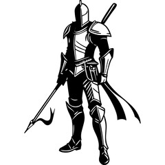 Medieval Knight: A Monochrome Illustration of a Warrior in Armor showcases a highly detailed drawing of a medieval knight, featuring a combination of chainmail and plate armor, complete with a helmet 