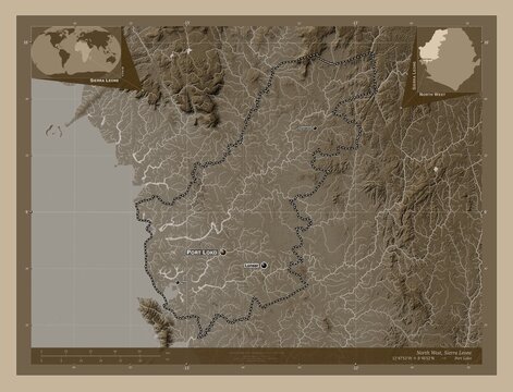 North West, Sierra Leone. Sepia. Labelled points of cities