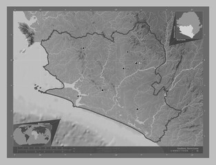 Southern, Sierra Leone. Grayscale. Labelled points of cities