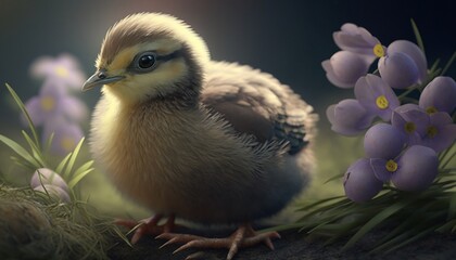 Easter chick and purple flowers. Generative AI.