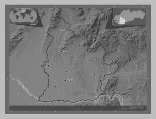 Nitriansky, Slovakia. Grayscale. Labelled points of cities