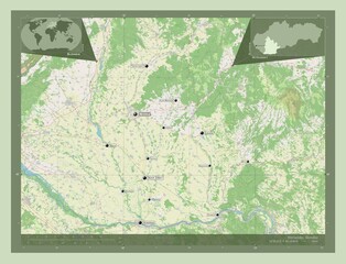 Nitriansky, Slovakia. OSM. Labelled points of cities