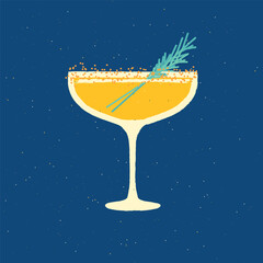 Cocktail margarita glass. Alcohol drink with rosemary. Bright drink for bar and event. Flat vector illustration with texture. Simple retro alcohol drink poster