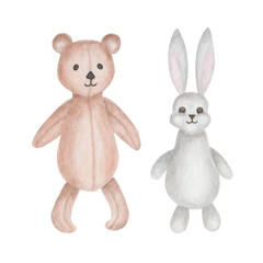 Watercolor illustration. Hand painted children stuffed, soft toys. Brown teddy bear and grey bunny hare. Cartoon characters. Wild animals. Easter Bunny. Isolated clip art for fabric textile, banners