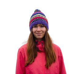portrait of a beautiful icelandic woman in icelandic wool cap; icelandic pattern on a woolen cap,...
