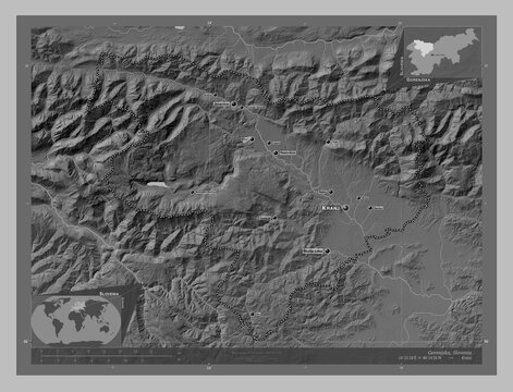 Gorenjska, Slovenia. Grayscale. Labelled points of cities