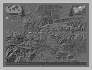 Koroska, Slovenia. Grayscale. Labelled points of cities