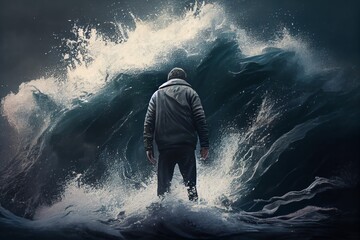 Disheartened Man Standing In The Midst Of Turbulent Crashing Waves. Feeling Of Overwhelming Demands. Generative AI