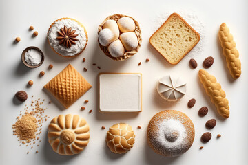 Fototapeta na wymiar Different fresh and tasty bakery products. Top view home made buns and cookies on white background. Pastry food collection. Flat lay composition. AI generative image.