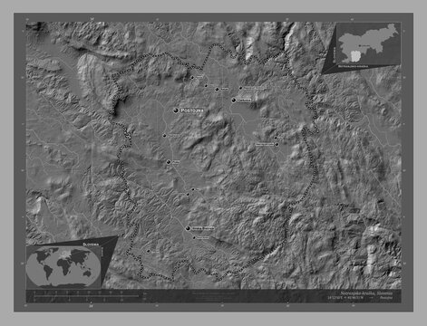 Notranjsko-kraska, Slovenia. Bilevel. Labelled points of cities