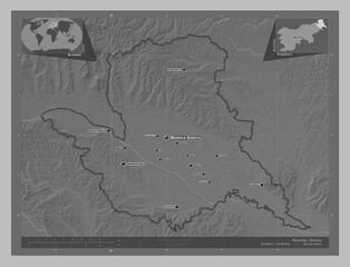 Pomurska, Slovenia. Grayscale. Labelled points of cities