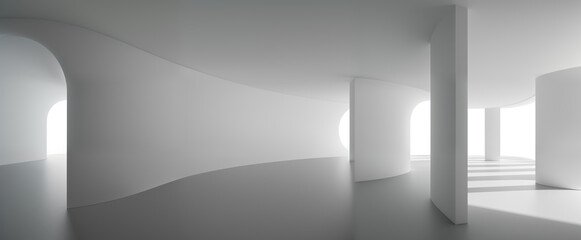 Abstract interior design of futuristic hallway with empty white concrete floor and walls. Architectural panoramic wallpaper. Generative AI